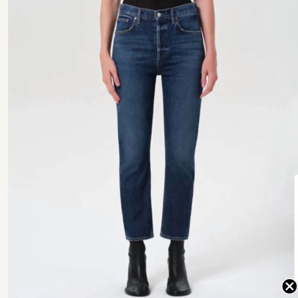 Agolde Riley Long High Rise Stretch Straight Jean Pose Blue Distressed‎ Size 25